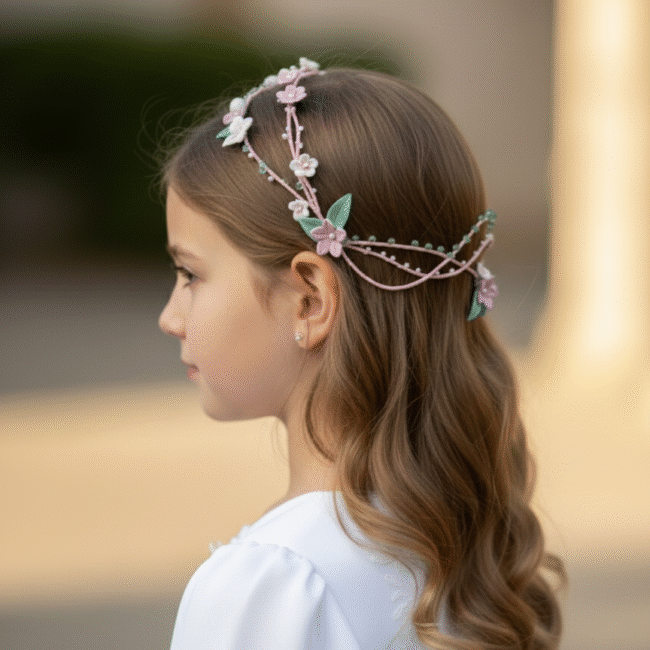 Casquete de Comunión de Ramas Rosadas y Flores de Porcelana