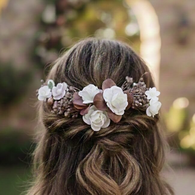 tocado de flores marrones y rosas - comunión -arras