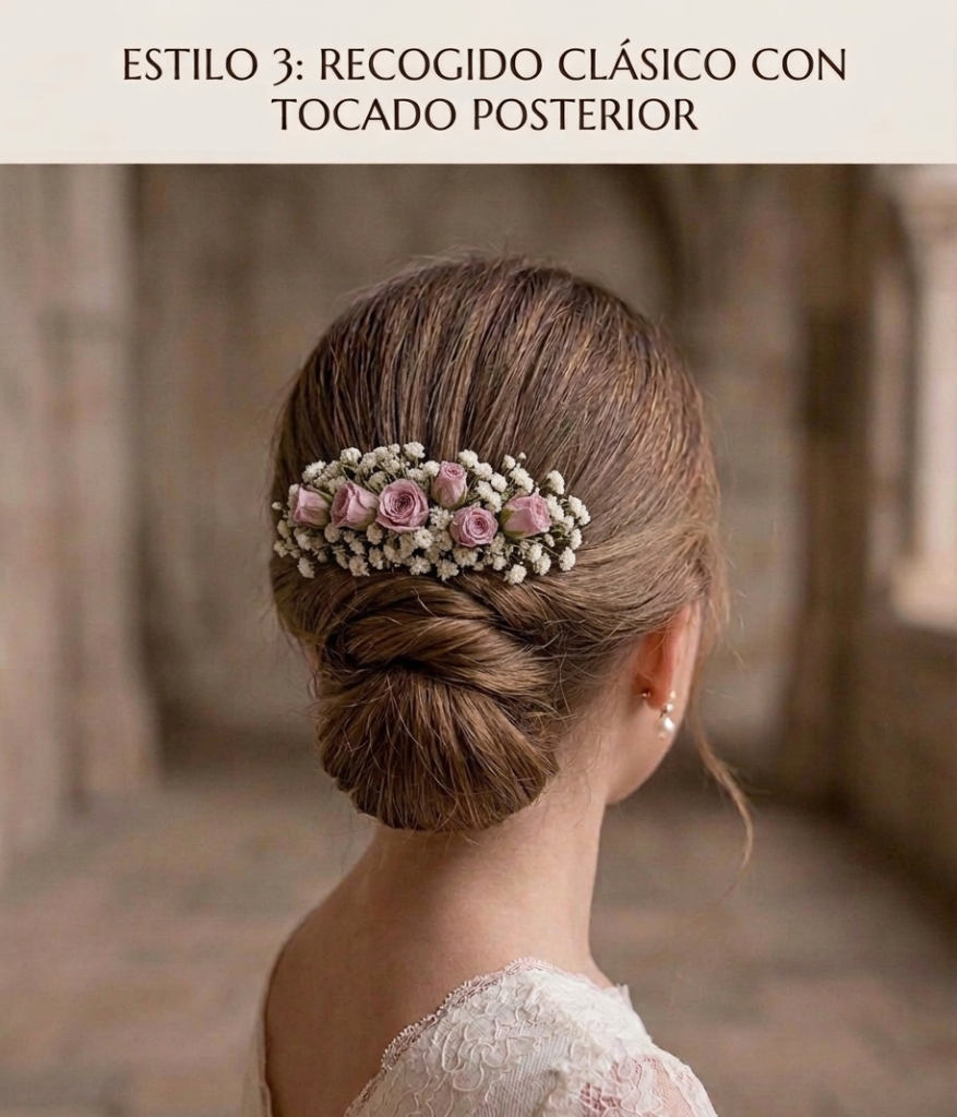 Peinado de Primera Comunión: recogido con tocado posterior