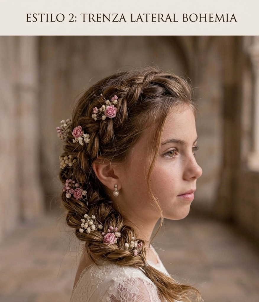 Peinado de Primera Comunión: Trenza lateral bohemia
