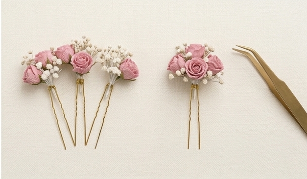 Espectacular horquilla de flores rosa empolvado artesanal para novia