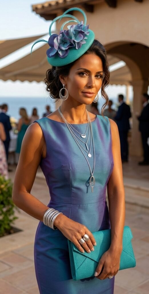 modelo luciendo tocado verde agua y azul para boda de día- invitada perfecta
