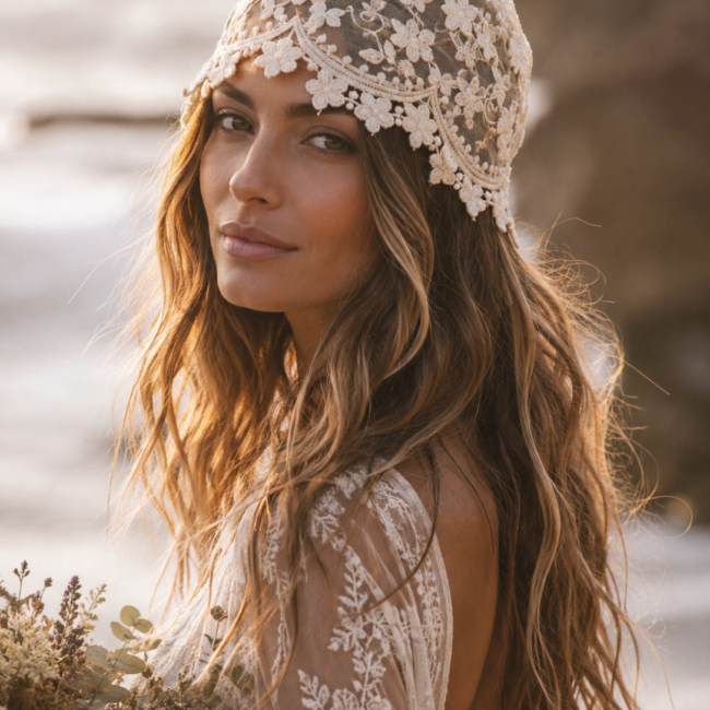 Novia luciendo el tocado casquete de estilo bohemio