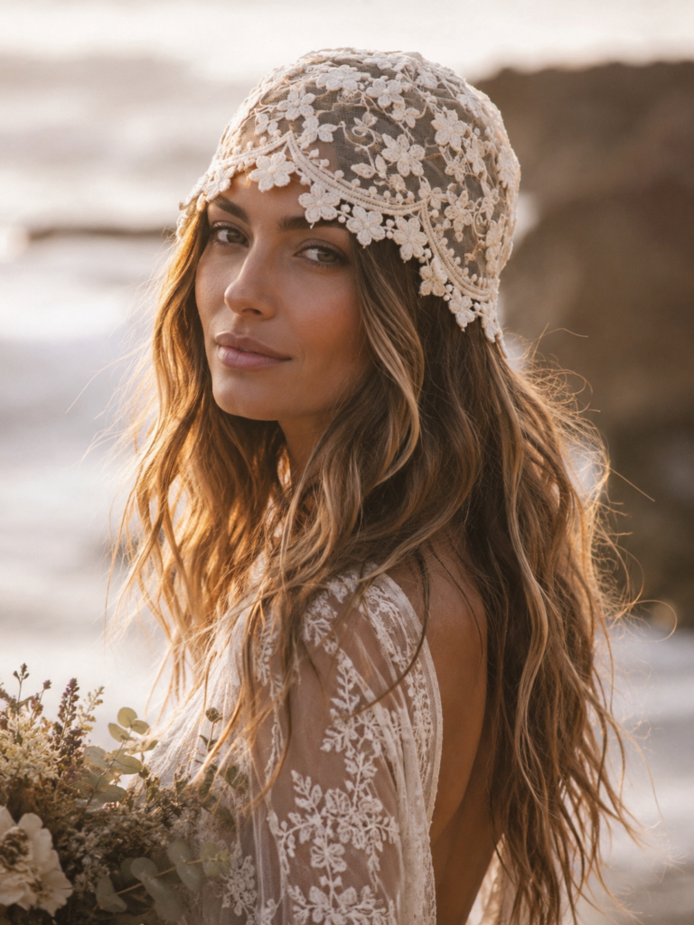 Novia luciendo el tocado casquete de estilo bohemio