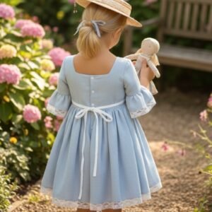 Niña de arras luciendo un encantador canotier de paja para niña ceremonia con lazo sujeto a la coleta estilo chic francés.