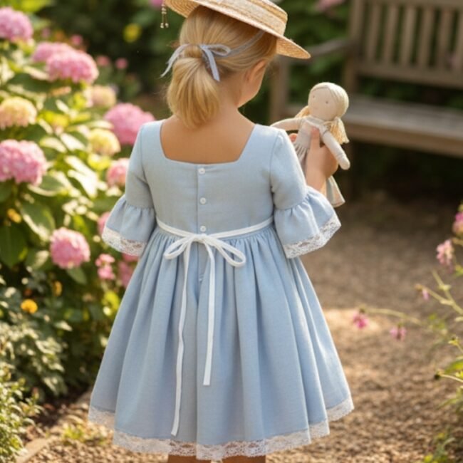 Niña de arras luciendo un encantador canotier de paja para niña ceremonia con lazo sujeto a la coleta estilo chic francés.