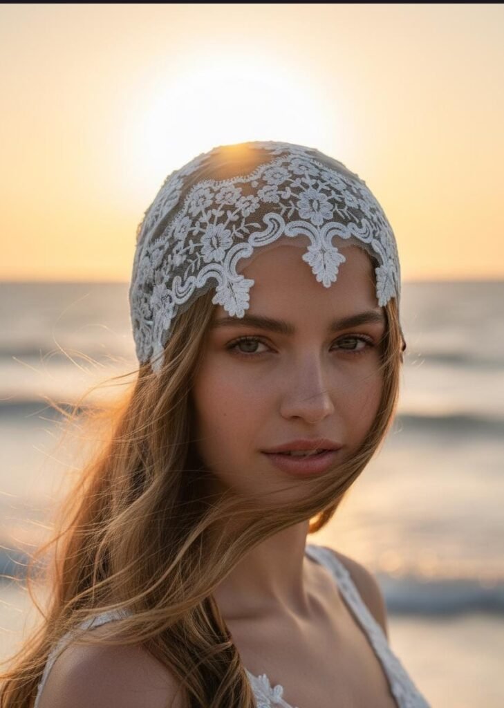 Modelo luciendo casquete de novia vintage estilo Juliet en encaje premium EVES LOLÓ