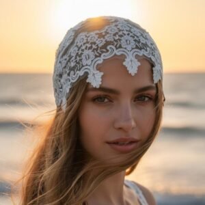 modelo luciendo un casquete de novia vintage, inspiración años 20