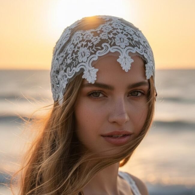 modelo luciendo un casquete de novia vintage, inspiración años 20