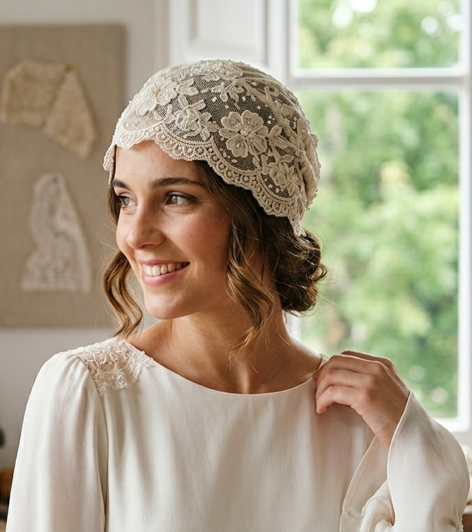 modelo de novia probando un casquete de novia vintage en color blanco roto