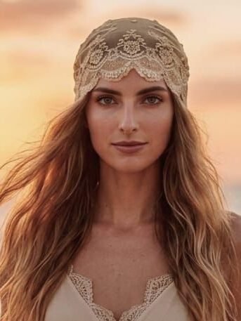 look de novia con casquete vintage de encaje en tono champagne