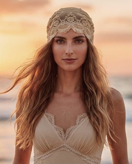 look de novia con casquete vintage de encaje en tono champagne