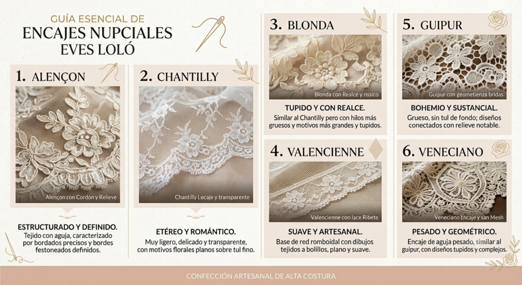 Infografía que muestra los distintos tipos de encajes que utilizamos para coser nuestros casquetes de novia tipo Juliet, en Eves Loló.